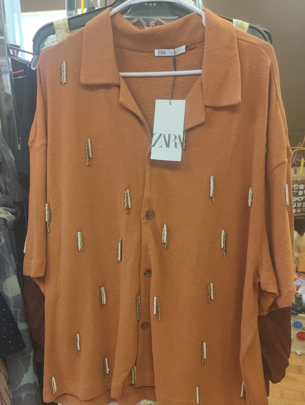 ZARA Rust Button-Down Shirt with Beaded Accents